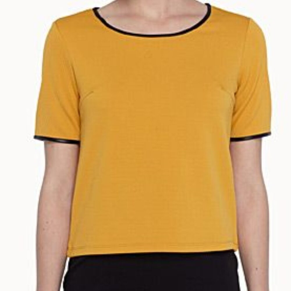 Yellow Textured Short Sleeve Top with Black Trim